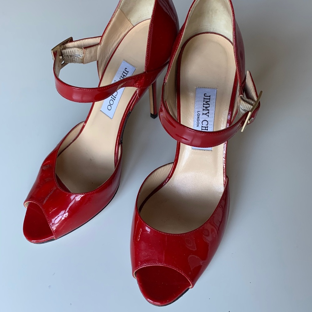 JIMMY CHOO red patent mary jane open toe pumps